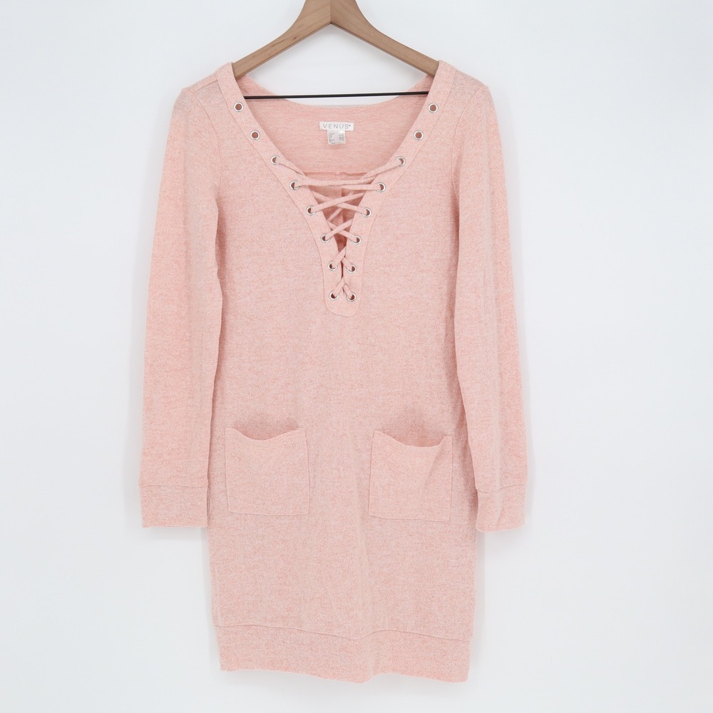 Venus Tunic Dress Womens S Lace-Up V-Neck Peach Marled Knit Long Sleeve